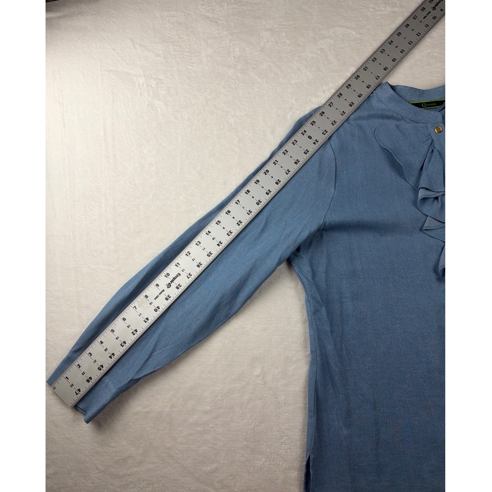 C. Wonder Ruffle Front Blouse 16W Chambray Denim Button Down Modern Elegant Chic - Picture 12 of 15